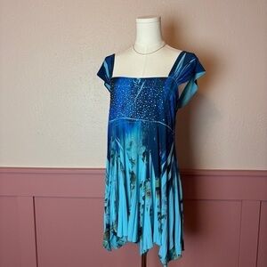 pretty woman y2k fairy pleated ruffle mini dress sz 3 blue rhinestones vintage